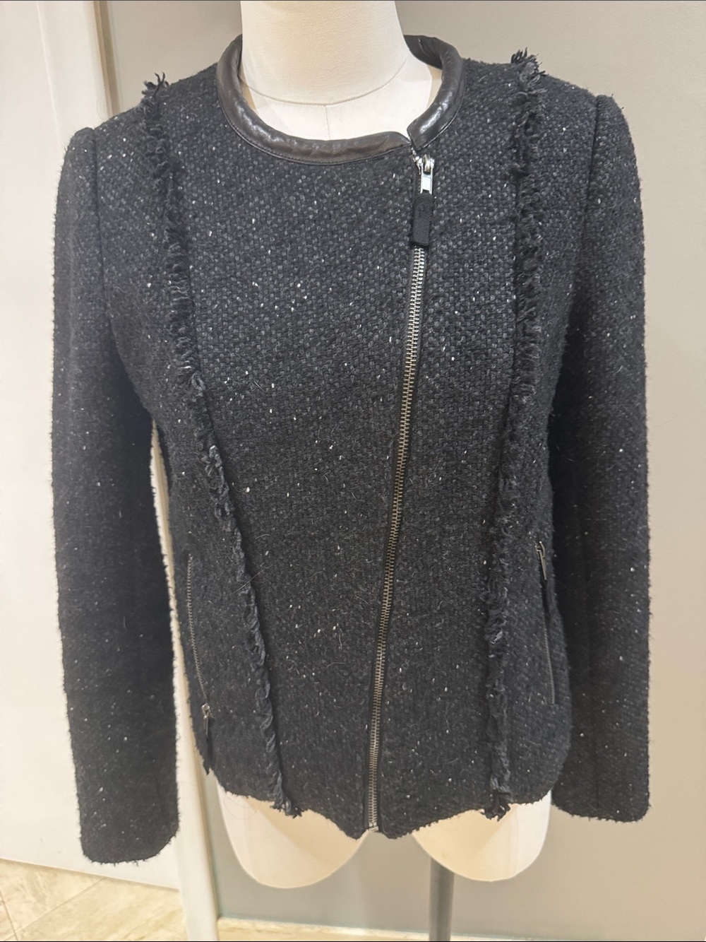 Women’s Black Wool Tweed Asymmetric Zip Jacket